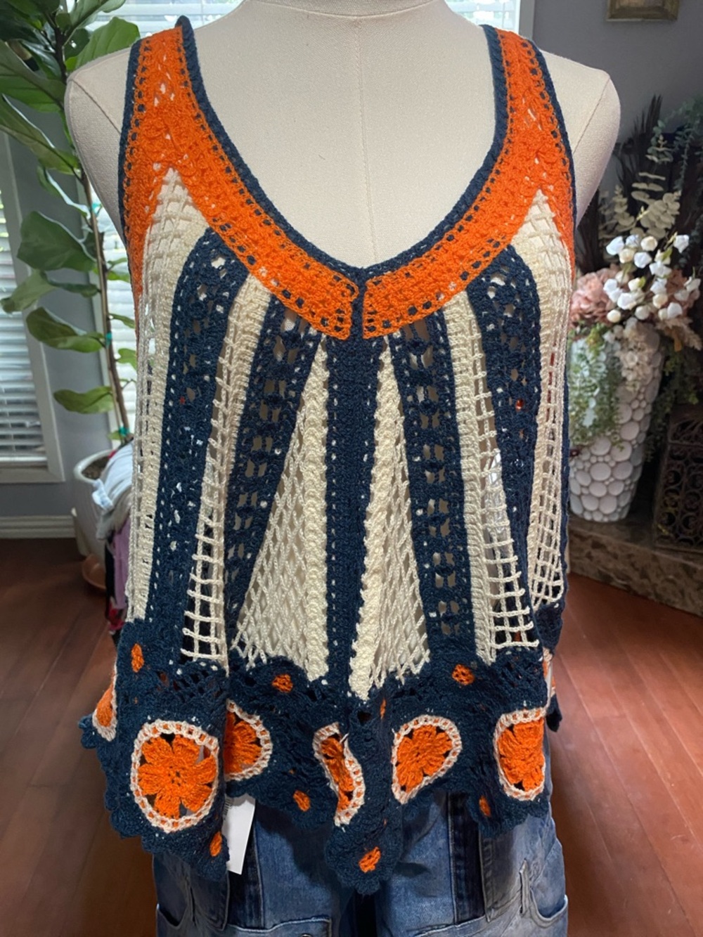 POL Crochet V-Neck Tank Top in Navy, Cream & Orange